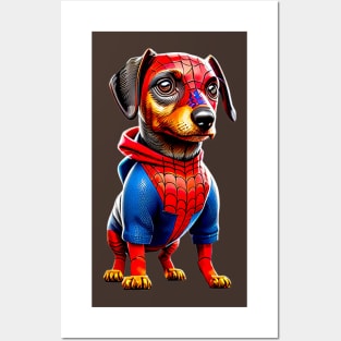 Canine Crusader: Dachshund in Webbed Superhero Suit Tee Posters and Art